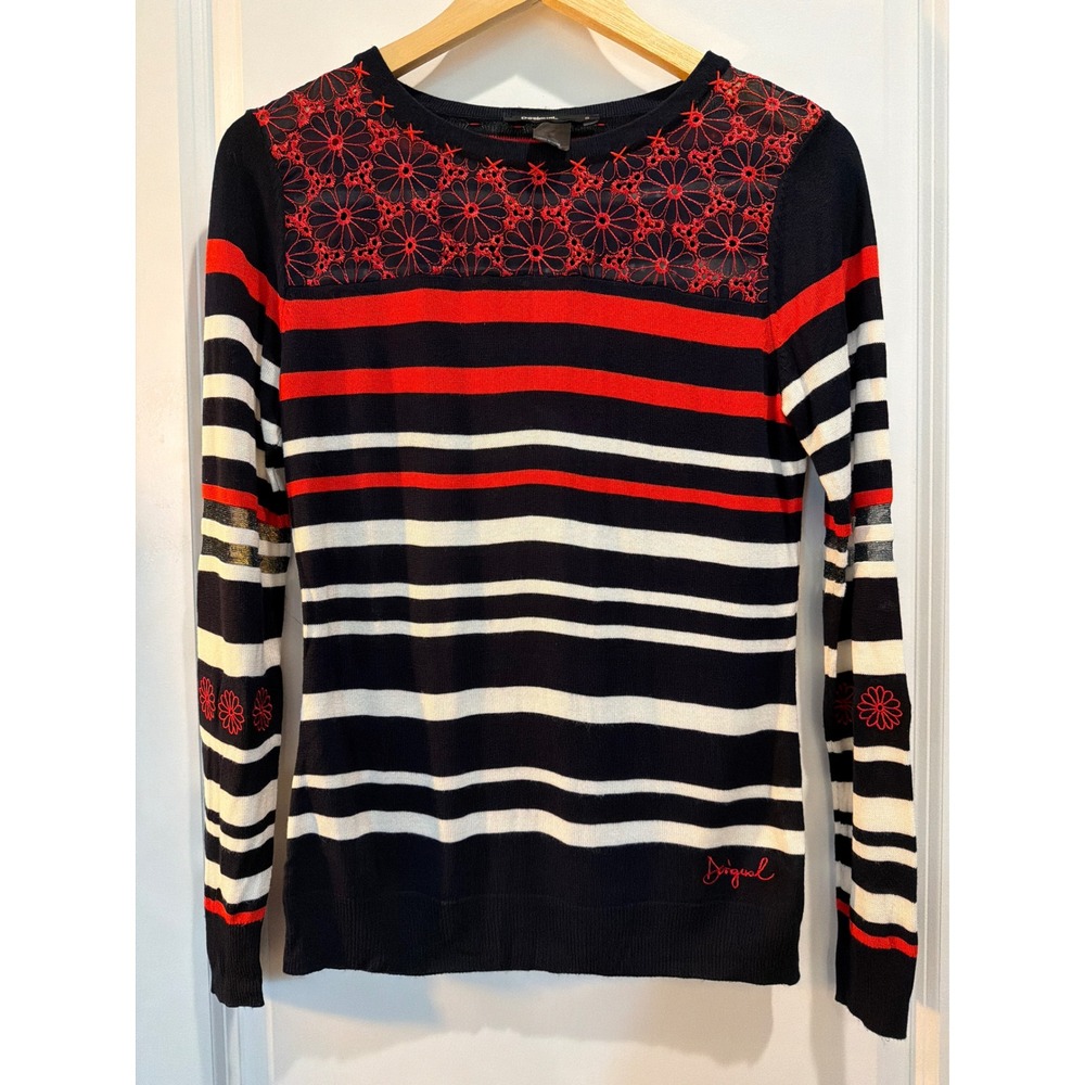 Desigual Womens Navy Red Striped Floral Lace Yoke Sweater Small Long Sleeve Knit